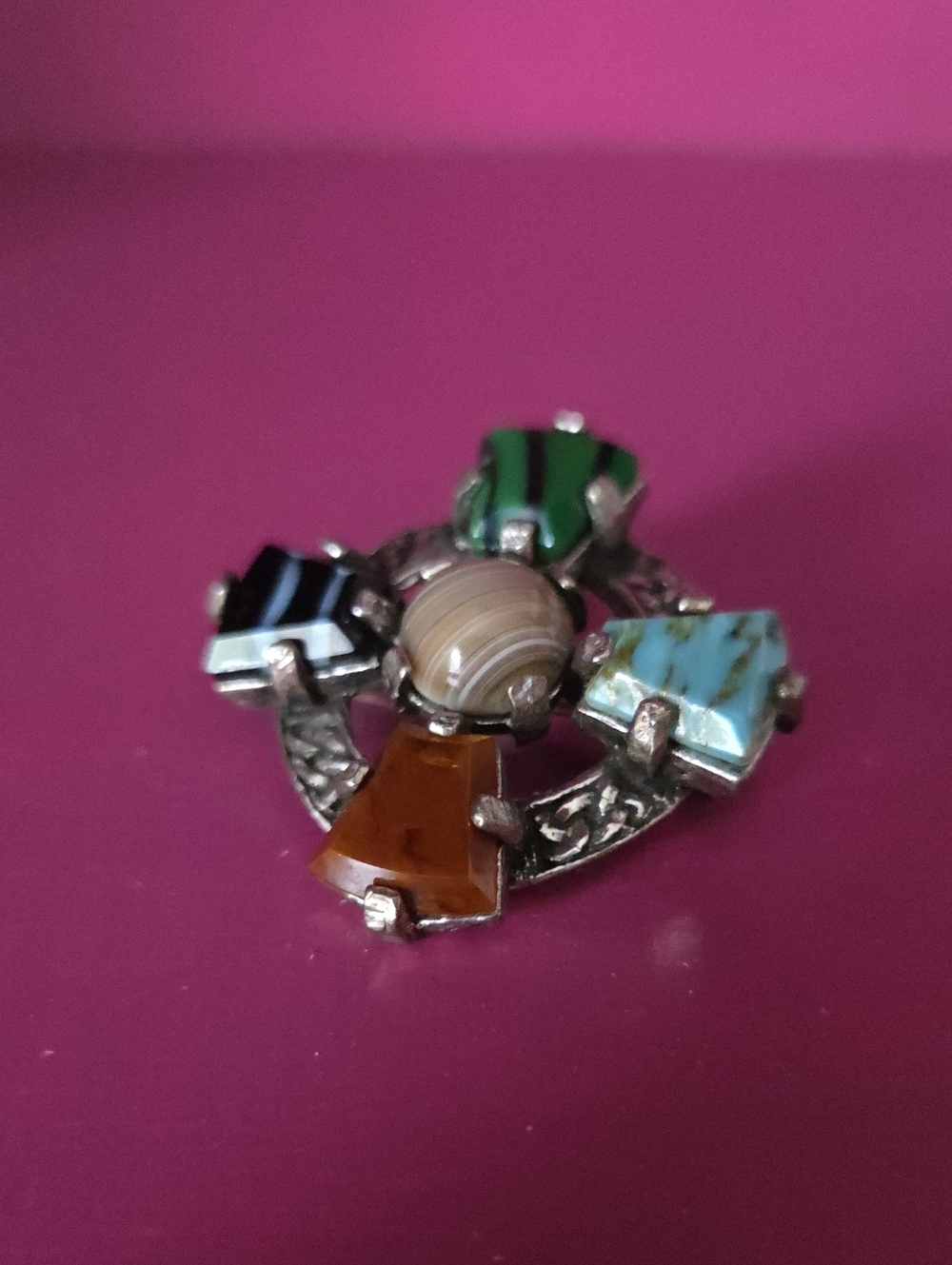 Vintage 60s Silver-Tone Celtic Cross Brooch w Multicolored Resin Stones
